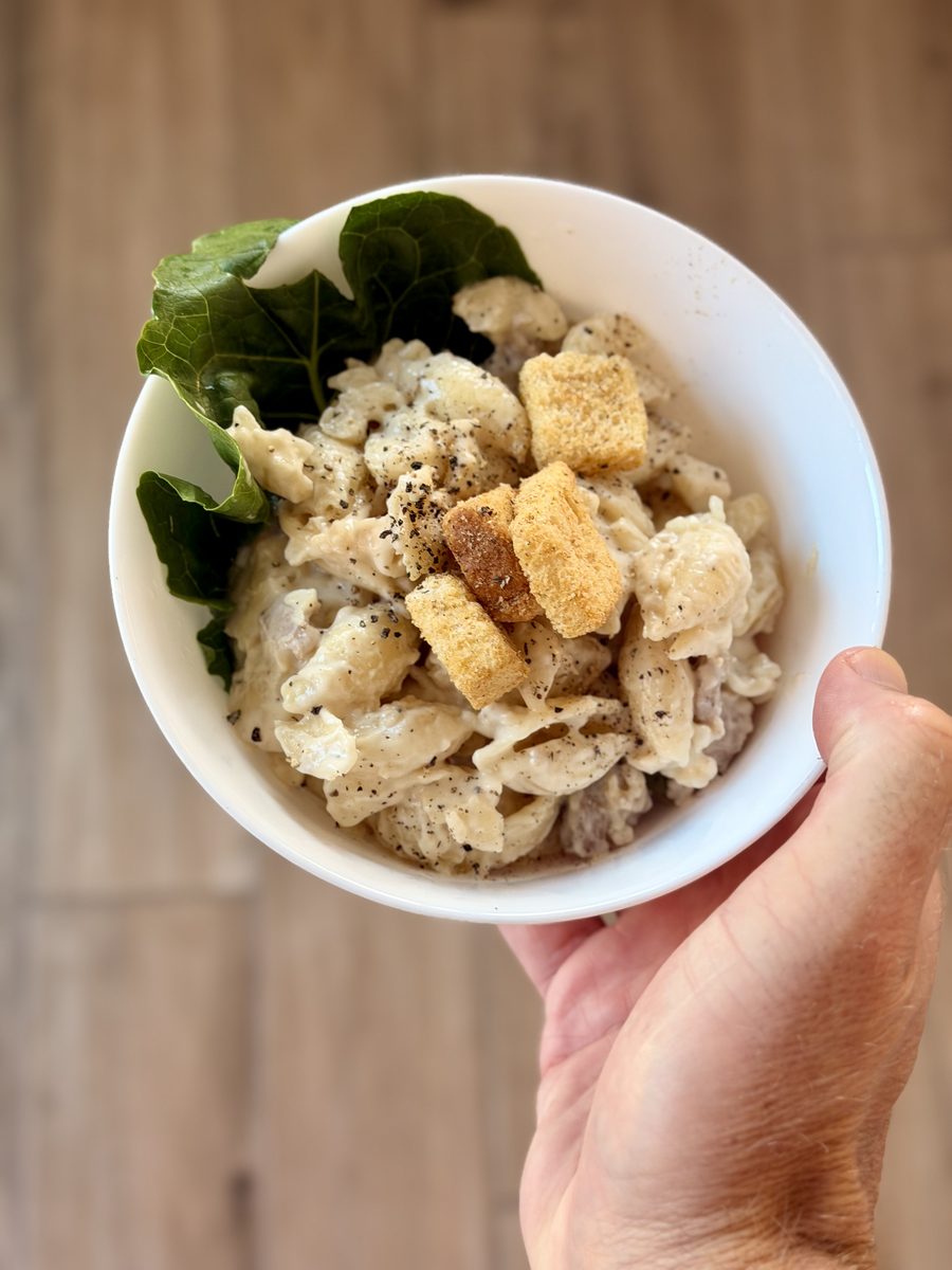 A hand holding a white bowl of creamy pasta with chunks of chicken, cubed croutons, spinach leaves and cracked black pepper, over