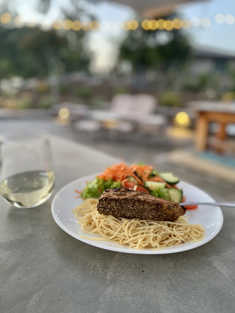 Herb crusted chicken spaghetti salad