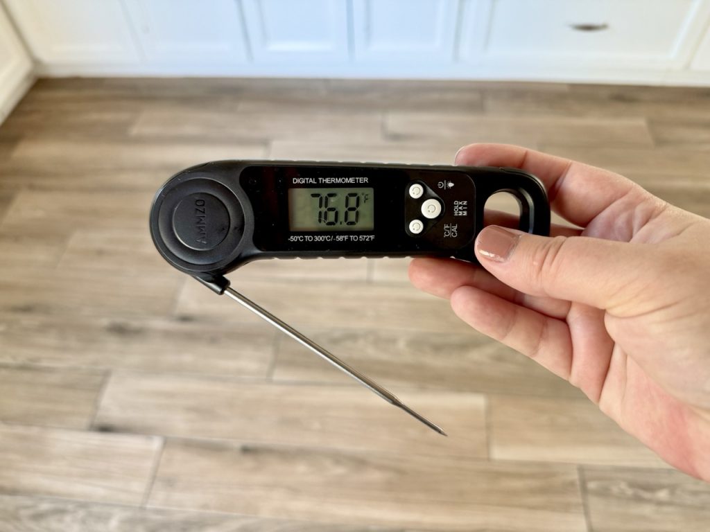 A hand holding a digital instant-read thermometer with the probe extended, display reading 76.8 degrees