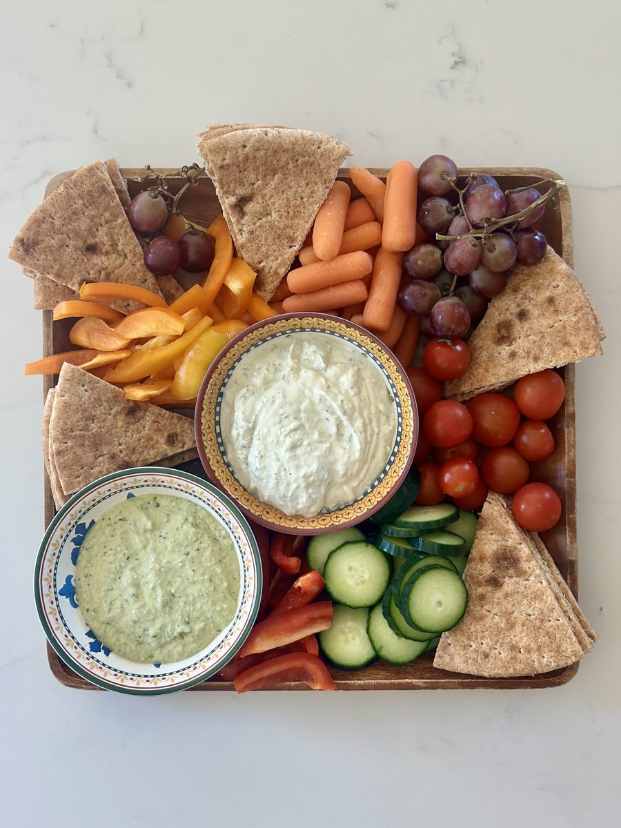 Mediterranean mezze platter hummus tzatziki veggies pita