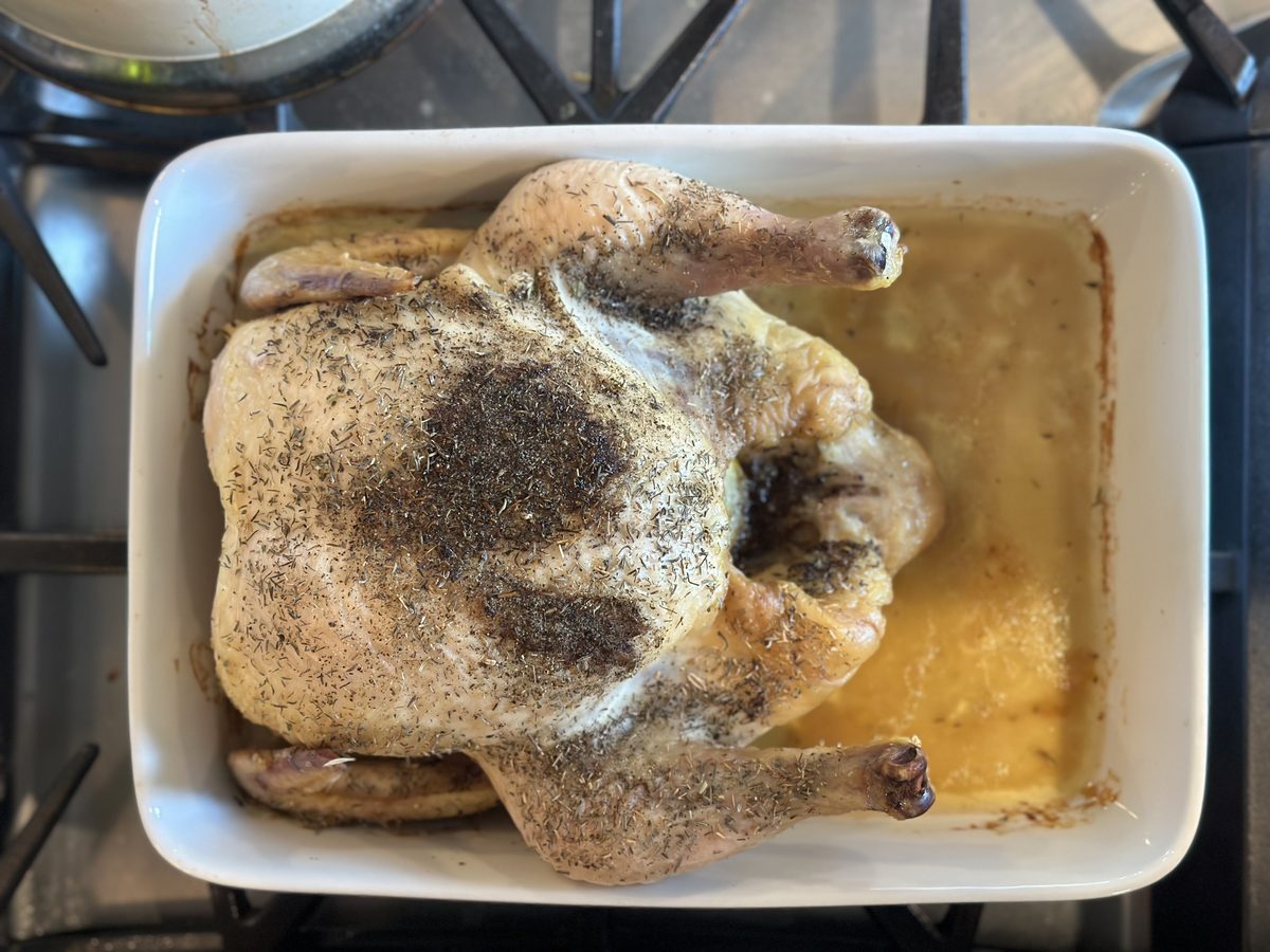 Overhead of a raw whole chicken, breast up and rubbed with dried herbs and pepper, sitting in a white ceramic baking dish on a gas