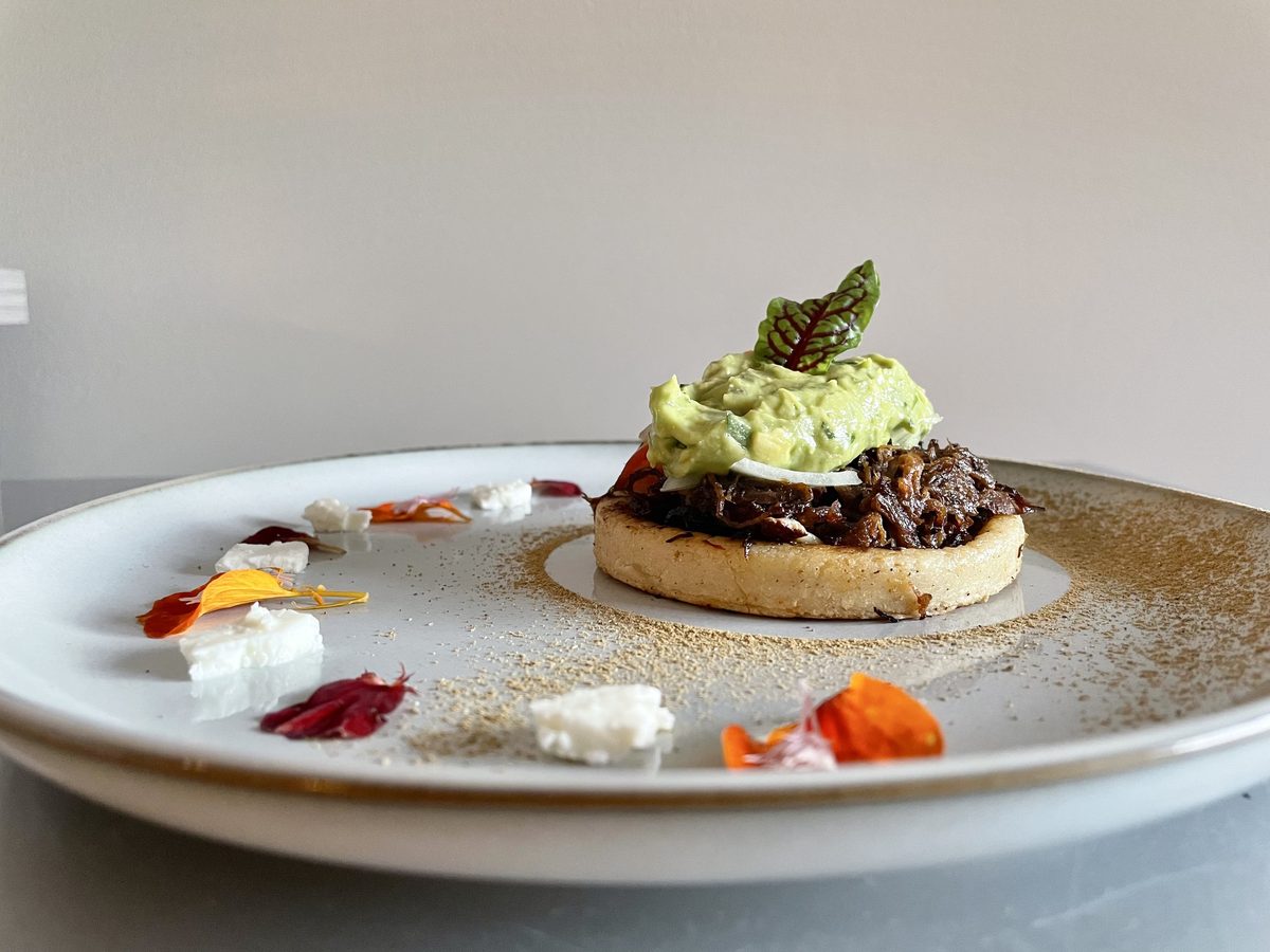 A single sope topped with shredded beef and a swirl of avocado crema with a basil leaf, plated on a speckled ceramic plate with do